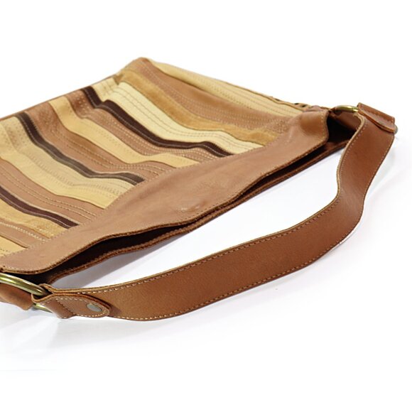 Fossil Leather & Suede Striped Hobo Bag Studded Riveted Brown & Tan Shoulder Bag - Picture 8 of 12